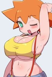 adapted_costume asymmetrical_hair bare_legs blush breast_slip breasts chibi_style cleavage covered_erect_nipples cowboy_shot creatures_(company) crop_top female game_freak green_eyes gym_leader kasumi_(pokemon) large_breasts legs looking_at_viewer makino_nono miyazero nintendo nipples one_eye_closed open_mouth orange_hair pokemon pokemon_(anime) pokemon_(classic_anime) ponytail shirt short_hair side_ponytail simple_background smile solo suspenders tank_top underboob upper_body white_background wink yellow_shirt yellow_tank_top