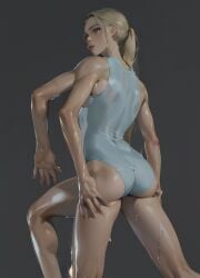 ai_generated ass ass_grab back_view blonde_hair female looking_at_viewer one-piece_swimsuit ponytail sons_of_the_forest virginia_puffton wet wet_body wet_clothes