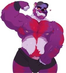 2023 anthro armpit_hair barazoku baseball_cap bear beard biceps bodily_fluids body_hair bulge chest_hair clothing clothing_pull darkoz ear_piercing facial_hair facial_piercing flexing flexing_bicep front_view fur genitals giant_panda hairy hat headgear headwear heart hi_res male mammal mrpandhew muscular muscular_anthro muscular_male nipple_piercing nipples pecs penis penis_base piercing pinup portrait pose pubes purple_body purple_fur red_pubes simple_background solo sweat sweaty_chest teasing_viewer three-quarter_portrait underwear underwear_pull white_background yellow_sclera