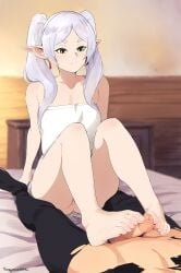 1boy 1girls bottomless earrings elf feet female foot_fetish foot_focus footjob frieren glansjob green_eyes highres male_human/female_elf partial_male penis perfect_feet pointy_ears pussy pussy_peek sex sousou_no_frieren squeezable toes toes_on_penis toes_scrunch torn_clothes twintails two-footed_footjob uncensored white_hair