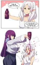 2girls ahe_gao ahegao aphrodisiac english_text female female_only fern_(sousou_no_frieren) frieren hinghoi multiple_girls potion purple_eyes purple_hair sousou_no_frieren text too_horny