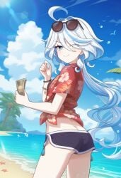 ahoge ai_generated alternate_costume ass blue_eyes blue_hair blush butt_crack female from_behind furina_(genshin_impact) genshin_impact hair_over_one_eye hawaiian_shirt long_hair looking_at_viewer money multicolored_hair shiny shiny_hair shiny_skin short_shorts shorts smile solo sunglasses sunglasses_on_head two-tone_hair very_long_hair white_hair