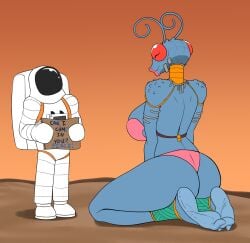 1boy 1girl 1girls 2023 andressa ankle_band antennae_(anatomy) anthro armlet arthropod ass astronaut big_breasts big_butt big_eyes bikini biped black_pupils black_text blue_body blue_breasts blue_text breasts clothed clothed_anthro clothed_female clothed_human clothed_male clothing compound_eyes curled_antennae digital_drawing_(artwork) digital_media_(artwork) duo english_text feet female female_anthro glistening glistening_eyes hi_res holding_object human humor image_comics insect_girl insects invincible invincible_(comics) invincible_(tv_series) jewelry kneeling larger_anthro larger_female lips looking_at_another looking_at_partner male male/female mammal neck_ring orange_sky outside panties pink_bikini pink_clothing pink_lips pink_swimwear plantigrade pupils red_eyes shadow size_difference sky smaller_human smaller_male soles spacesuit standing straight_legs swimwear text thick_lips thick_thighs thraxan three-quarter_view toes unseen_male_face unusual_pupils zp92