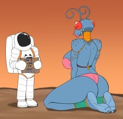 1boy 1girl 1girls 2023 2_toes andressa ankle_band antennae_(anatomy) anthro armlet arthropod ass astronaut big_breasts big_butt big_eyes bikini biped black_pupils black_text blue_body blue_breasts blue_text breasts clothed clothed_anthro clothed_female clothed_human clothed_male clothing compound_eyes curled_antennae digital_drawing_(artwork) digital_media_(artwork) duo english_text feet female female_anthro glistening glistening_eyes hi_res holding_object human humor image_comics insect_girl insects invincible invincible_(comics) invincible_(tv_series) jewelry kneeling larger_anthro larger_female lips looking_at_another looking_at_partner male male/female mammal neck_ring orange_sky outside panties pink_bikini pink_clothing pink_lips pink_swimwear plantigrade pupils red_eyes shadow size_difference sky smaller_human smaller_male soles spacesuit standing straight_legs swimwear text thick_lips thick_thighs thraxan three-quarter_view toes unseen_male_face unusual_pupils zp92