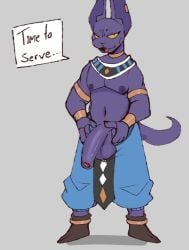 anthro balls beerus big_ears big_penis dragon_ball dragon_ball_super dragon_ball_z felid feline feline flaccid furry knightferret male male_only pants_pulled_down penis penis_out purple_body purple_skin solo solo_male speech_bubble tail