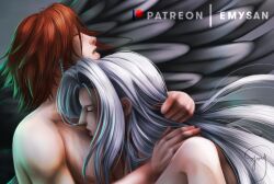 2boys closed_eyes crisis_core_final_fantasy_vii embrace emy-san final_fantasy final_fantasy_vii gay genesis_rhapsodos hair_grab hugging light_skin long_hair long_hair_male male male/male male_only nude red_hair sephiroth silver_hair yaoi