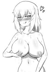 blush breast_squeeze breasts cleavage cube_(huidama) female girls_und_panzer huge_breasts itsumi_erika lactation looking_at_viewer monochrome nipples nude solo sweat tongue_out