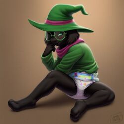 black_fur deltarune diaper diaper_critter diaper_fetish green_hat looking_pleasured male ralsei ralsei_(deltarune) ralsei_with_black_fur sharp_blade