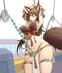 1girls 2d 2d_(artwork) animal_ears armpits arms arms_behind_head arms_up beads belly belly_button blush blush_lines bondage bracelet breasts brown_hair closed_mouth clothed clothing covered_breasts crotch_rope detached_sleeves digital_drawing_(artwork) facing_viewer female female_focus female_only fingers front_view fully_clothed gold_jewelry green_eyes hair hands hands-free hands_behind_head hips honkai:_star_rail honkai_(series) image legs legs_together light_skin long_hair looking_at_viewer luai masturbation navel open_eyes panties rope rope_bondage rope_harness standing tail thighs thin_waist tied_up tingyun_(honkai:_star_rail) topwear waist