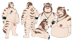 2021 anthro arm_tattoo arm_tuft ass balls beard belly biceps brown_hair brown_stripes chest_tattoo chubby_anthro chubby_male cjk_character claws ear_piercing ear_ring elbow_tuft eyewear facial_hair facial_piercing felid finger_claws front_view fur genitals glasses grey_eyes hair heart hi_res jewelry looking_at_viewer male mammal model_sheet navel necklace nipple_piercing nipple_ring nipples nose_piercing nose_ring nude pantherine pecs penis piercing rear_view ring_piercing septum_piercing septum_ring side_view simple_background solo standing striped_body striped_fur stripes taika_(nekoritaika) takahirosi tan_body tan_fur tattoo tiger toe_claws tongue tongue_out tuft vein veiny_penis white_background