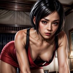 1girls ada_wong ada_wong_(adriana) ai_generated all_fours arbitrary asian_female black_hair capcom down_blouse dress female female_only hi_res leaning_forward nipple_slip resident_evil resident_evil_2 resident_evil_2_remake short_hair small_breasts stable_diffusion sweat sweatdrop wardrobe_malfunction