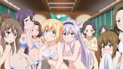 10s 6+girls blonde_hair blue_eyes blush bra breast_envy grabbing grabbing_from_behind groping groping_breasts multiple_girls panties purple_hair ribbon rokudenashi_majutsu_koushi_to_akashic_record rumia_tingel sistine_fibel smile subtitle tears teresa_laddy underwear wendy_nablesse yellow_bra yellow_panties yuri