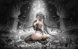 big_breasts crouching crouching_female d._(ddot2018) feet grey_hair long_sleeves orange_hair sideboob stockings thick thick_ass thick_thighs underwear white_hair