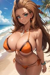 1girls ai_generated beach bikini brown_hair green_eyes horseshit large_breasts milf navel orange_bikini outdoors pokemon pokemon_sv professor_sada_(pokemon) solo solo_female standing tan-skinned_female tanned_skin