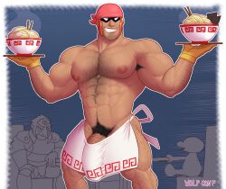 2d 2d_(artwork) 2d_artwork apron beard biceps blue_background bulge captain_falcon chest_hair dick durag f-zero flaccid food ganondorf gay gloves hairy hairy_arms helmet male male_only mr._game_and_watch muscles muscular muscular_male nintendo nipples pecs penis ramen restaurant smile smiling_at_viewer smirk smirking_at_viewer solo tray triceps video_game_character wolf_con_f