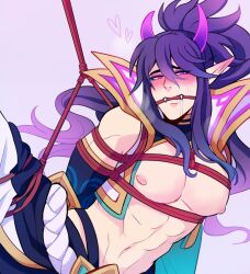 1boy abs blush bondage cleave_gag cummitus dubious_consent gay horns league_of_legends male male_focus male_only nipples partially_clothed partially_nude pecs pectorals ponytail purple_hair purple_horn rope rope_bondage rope_harness saliva shivering solo solo_male spirit_blossom_series spirit_blossom_thresh spread_legs thresh yaoi