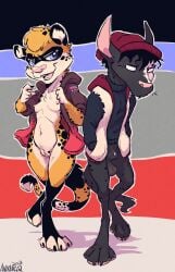 animancer balls blue_eyes bottomless breasts canid canine cheetah clothed clothing felid feline female fox genitals hi_res male mammal nipples pleco procyonid pussy raccoon sibling_(lore) spots stripes