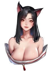 ahri animal_ear_fluff animal_ears animal_girl big_breasts black_hair breasts busty cleavage clothing eyelashes eyeliner eyeshadow facial_markings female fluffy fluffy_ears fluffy_tail fluffy_tails fox fox_ears fox_girl fox_tail furry_tail huge_breasts humanoid inner_ear_fluff kemonomimi kidmo kitsune large_breasts league_of_legends light-skinned_female light_skin lips lipstick long_hair massive_breasts multi_tail nine_tailed_fox pale-skinned_female pale_skin portrait riot_games tail vastaya video_games yellow_eyes