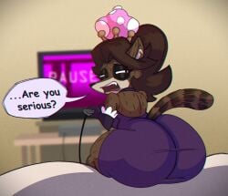 1girls anthro ass ass_in_dress big_ass brown_hair bubble_butt clothing crown dialogue dress fat_ass female female_only game_controller garbageboxxxed huge_ass large_ass looking_back mario_(series) new_super_mario_bros._u_deluxe raccoon regular_show rigbette_(benson_dancing) rigby_(regular_show) rule_63 sitting solo super_crown talking_to_viewer text thick_ass thick_thighs wide_hips