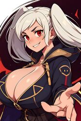 1girls ai_generated cleavage cloak cloak_only female female_only fire_emblem fire_emblem_awakening green_hair huge_breasts nintendo red_eyes rin8608 robin_(fire_emblem) robin_(fire_emblem)_(female) solo twintails