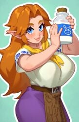 1girls 2023 ascot blue_eyes blush breasts cremia female female_focus female_only hylian large_breasts lips looking_at_viewer majora's_mask malon milk milk_bottle nintendo ocarina_of_time pointy_ears purple_skirt red_hair rizdraws skirt the_legend_of_zelda thick_lips