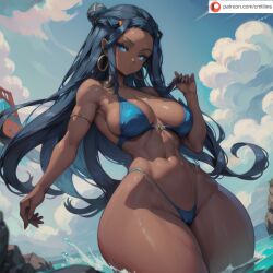 abs ai_generated blue_eyes blue_hair cmtilins dark-skinned_female dark_body hourglass_figure narrow_waist nessa_(pokemon) pokemon pokemon_ss swimsuit thick_thighs water wide_hips