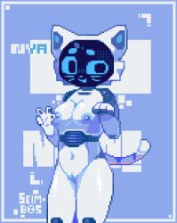 anthro blue_eyes blue_nipples blue_pussy border digital_media_(artwork) domestic_cat eyebrows felid feline felis female for_a_head genitals gesture hi_res machine mammal markings multicolored_body nipples nya object_head pixel_(artwork) pixelated pussy robot scimbos screen screen_face screen_head segmented_body solo tail tail_markings text two_tone_body v_sign whiskers