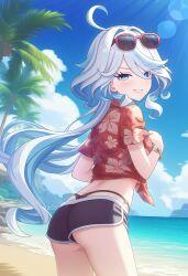 ahoge ai_generated alternate_costume ass blue_eyes blue_hair blush butt_crack come_hither female from_behind furina_(genshin_impact) genshin_impact grin hair_over_one_eye hawaiian_shirt long_hair looking_at_viewer multicolored_hair naughty_face shiny shiny_hair shiny_skin short_shorts shorts smile solo sunglasses sunglasses_on_head thong two-tone_hair very_long_hair whale_tail whale_tail_(clothing) white_hair