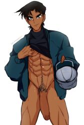 1boy abs big_penis black_hair blue_eyes cap detective_conan heiji_hattori lifting_clothing lilprincyvi looking_at_viewer male male_only pubic_hair smile smiling smiling_at_viewer tan_body tanned tanned_skin thick_penis thick_thighs white_background yaoi