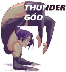 ass bare_shoulders barefoot bleach bleach:_the_thousand-year_blood_war breasts dynamic_pose feet_up female highres jobin_chan long_hair long_sleeves medium_breasts purple_hair shihouin_yoruichi short_hair solo thighhighs thighs white_background