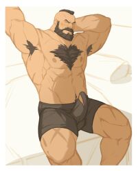 armpit_hair bara beard blush boner capcom chest_hair closed_eyes erection erection_under_clothes facial_hair hand_behind_head male male_only muscles muscular ryker solo solo_male street_fighter underwear underwear_only zangief