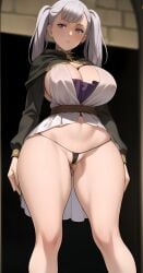 1girls ai_generated big_breasts black_bulls_uniform black_clothing black_clover curvy female female_only noelle_silva petite purple_eyes royalty rubyart silver_hair skimpy_panties solo stable_diffusion teenager twintails_(hairstyle)