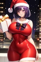 ai_generated bishoujo_senshi_sailor_moon christmas christmas_outfit clothing female female_only gift gift_box hotaru_tomoe human large_breasts looking_at_viewer mommy nai_diffusion sailor_saturn santa_costume santa_hat solo stable_diffusion