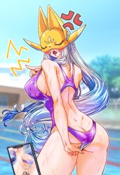 ass breasts digimon digimon_(species) gerusyu hi_res light-skinned_female light_skin looking_at_viewer phone phone_screen pool sakuyamon swimsuit thighs tree white_hair