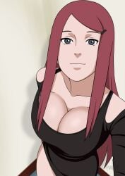 against_wall bare_legs bare_shoulders bare_thighs big_breasts breasts cleavage clothing curvaceous hi_res huge_breasts light-skinned_female light_skin looking_at_viewer mature mature_female milf naruto naruto_(series) naruto_shippuden no_bra no_panties padm pinup red_hair revealing_clothes selfie smile thick_thighs thighs upper_body uzumaki_kushina very_long_hair watermark wide_hips