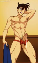 1boy abs armpit_hair armpits arms_behind_head big_penis black_hair blue_eyes bowtie bowtie_collar completely_naked completely_nude cum cumming detective_conan lilprincyvi looking_at_viewer meitantei_conan muscles muscular muscular_male one_eye_closed shinichi_kudo thick_legs thick_penis yaoi