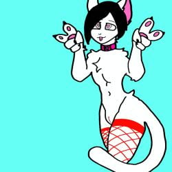 <3_eyes ahe_gao andromorph anthro clothing collar cuntboy domestic_cat felid feline felis fishnet fur genitals heart intersex kyzzer kyzzerx legwear looking_pleasured mammal pussy solo stockings white_body white_fur