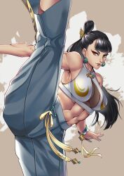 1girls abs alternate_costume asian asian_female ass big_ass big_breasts breasts brown_hair capcom chun-li cleavage female light-skinned_female light_skin mature_female milf nail_polish official_alternate_costume street_fighter street_fighter_6 tear-away_pants thick_thighs thotlerrr treartz wide_hips