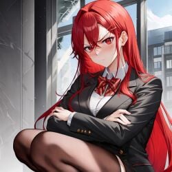 ai_generated angry black_blazer black_clothing original_character red_bow red_hair school_uniform unstable_diffusion