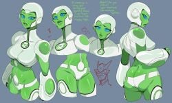 1girls ass aya_(green_lantern) blue_eyes breasts dc dc_comics dialogue english_text female female_only green_body green_lantern_(series) lightsource looking_at_viewer multiple_views robot robot_girl solo text very_high_resolution