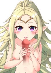 1boy 1girls ahoge apoj bare_arms bare_shoulders blonde_hair blush breasts censored collarbone completely_nude female female_focus fire_emblem fire_emblem_awakening imminent_fellatio imminent_oral imminent_sex long_hair looking_at_viewer male nintendo nipples nowi_(fire_emblem) nude nude_female penis penis_grab pointy_ears purple_eyes shoulders small_breasts smile solo_focus tongue tongue_out very_long_hair white_background