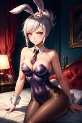 1girls ai_generated battle_bunny_riven bedroom blush bunny_ears bunny_girl bunny_tail female female_only golden_eyes league_of_legends leotard looking_at_viewer medium_breasts pantyhose ponytail riot_games riven sitting sitting_on_bed solo strapless_leotard tie white_hair