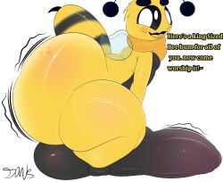 antennae_(anatomy) anthro arthropod arthropod_abdomen ass asty_(plushtrapboyuwu) balls bee bent_over big_balls big_butt big_penis black_sclera blush english_text exclamation_point genitals hi_res huge_balls huge_butt huge_cock hymenopteran hyper hyper_genitalia hyper_penis insects looking_at_viewer male male_only multicolored_body nude open_mouth penis plushtrapboyuwu solo stinger text thick_thighs two_tone_body white_eyes wings