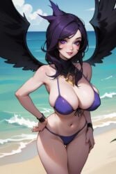 1girls ai_generated beach big_breasts bikini breasts curvy female female_only league_of_legends morgana navel nipple_bulge purple_bikini purple_eyes purple_swimwear riot_games rocksolidart seaside solo solo_female swimwear wings