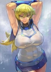 alexis_rhodes arms_up bare_arms bare_legs bare_shoulders blonde_hair breasts closed_mouth female huge_breasts kazo large_breasts long_hair looking_at_viewer obelisk_blue_uniform school_uniform shiny_skin shirt sleeveless sleeveless_jacket sleeveless_shirt solo straight_hair tenjouin_asuka vest wide_hips yellow_eyes yu-gi-oh! yu-gi-oh!_gx