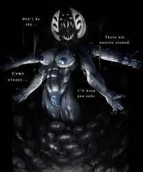 abs arachnid background breasts breasts breath bright_pupils claws curvy dark_body dark_nipples dark_skin drool drool_string drooling erect_nipples glowing_eyes goo hollow_knight hot_breath huge_breasts humanoid large_breasts looking_at_viewer mask maw midwife_(hollow_knight) muscular muscular_female seductive seductress sharp_teeth shiny shiny_skin slimey talking talking_to_viewer tempting text vagina wet wet_pussy wide_hips