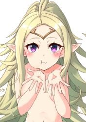 1girls after_fellatio after_oral after_sex ahoge apoj bare_arms bare_shoulders blonde_hair blush breasts collarbone completely_nude cum cum_in_mouth eating eating_cum female female_only fire_emblem fire_emblem_awakening long_hair looking_at_viewer nintendo nipples nowi_(fire_emblem) nude nude_female outstretched_hand pointy_ears purple_eyes shoulders small_breasts solo swallowing swallowing_cum very_long_hair white_background