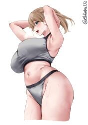 armpits arms_behind_head bare_shoulders blue_eyes blush breasts brown_hair cleavage cowboy_shot ebifurya female from_side grey_sports_bra highres huge_breasts intrepid_(kantai_collection) kantai_collection large_breasts long_hair looking_at_viewer mature_female midriff milf navel open_mouth ponytail simple_background smile solo sports_bra stomach sweat twitter_username white_background