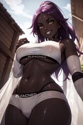 1girls ai_generated bleach bleached bleached_clothing dark-skinned_female dark_skin female female_only nipples_visible_through_clothing purple_hair raceplay shihouin_yoruichi sole_female thong_straps