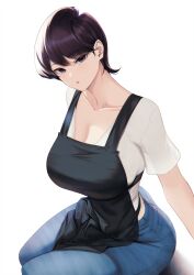 1girls alternate_version_available apron big_breasts black_apron black_eyes blue_pants blueorca bottomwear breasts female female_only hair huge_breasts komi-san_wa_komyushou_desu komi_shuuko mature mature_female mature_woman milf mother pants purple_hair sfw_version sfw_version_available shirt short_hair solo topwear white_background white_shirt